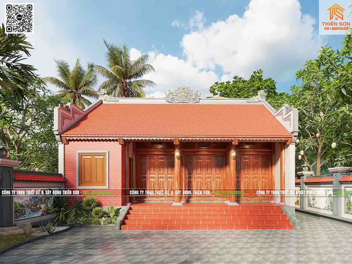 Bản vẽ 3D thiết kế nhà thờ bê tông giả gỗ 4 gian kết hợp nhà ở 2 tầng tại Thanh Trì